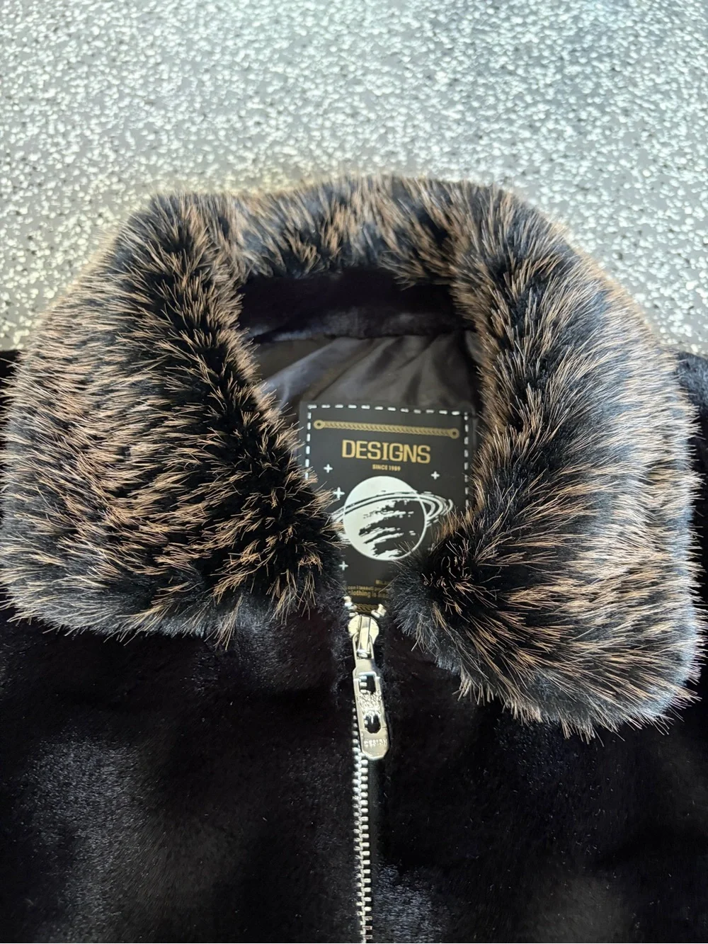 Mens Black Faux Fur Bomber Jacket with Contrast Collar